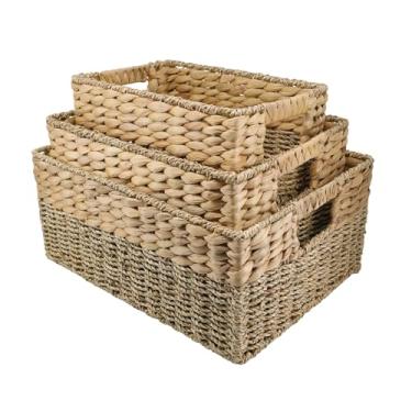 Imagem de YAHUAN Cestas de armazenamento de tecido natural de jacinto de água e algas marinhas – Cestos organizadores de cesta de armazenamento de vime com alças para banheiro de casa e escritório, lavanderia