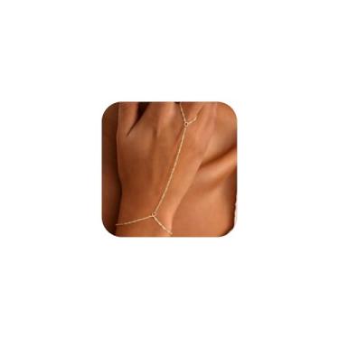 Imagem de Fimhut Pulseira de corrente de mão para mulheres - Anel banhado a ouro 14 K, pulseira de corrente de mão, elos delicados, pulseiras, joias de ouro, presentes para mulheres na moda, 6+2, Latão, Sem