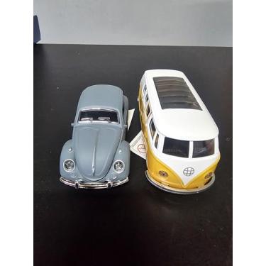 Imagem de Kit Fusc Kombi Miniatura Colecionável Brinquedo Carrinho Metal À fricção Abre Portas (Cinza + Amarelo)