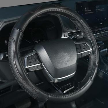 Imagem de KAFEEK Capa de volante de couro genuíno 38 cm, capa de volante de couro puro masculino e feminino, acessórios de carro para carro, caminhão, SUV, preto