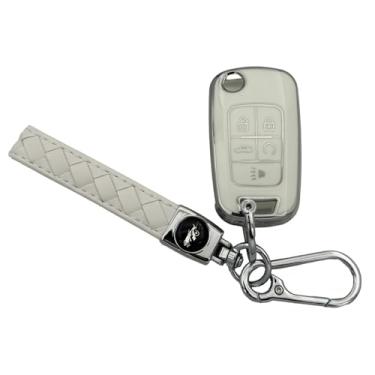Imagem de Capa de chaveiro para Cruze Camaro: capa protetora de TPU macio com 5 botões com chaveiro para Chevy Impala Malibu Sonic Volt Buick Regal Cascada Verano GMC Terrain 2011 a 2020 5912543 (prata + branco