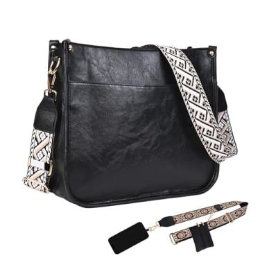 Imagem de Bolsas transversais femininas de couro vegano Hobo Bolsas de ombro com alça de telefone e alça de ombro ajustável, Preto