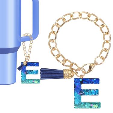 Imagem de Berloque de letras para copo Stanley, lindo pingente inicial E acessórios para chaveiro Stanley Tumbler Handle chaveiro personalizado para mulheres, azul