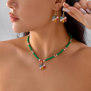 Imagem de Aonklot Conjunto de colares e brincos de Natal para mulheres árvore de Natal com contas floco de neve Papai Noel coração pingente gargantilha vermelho verde branco árvore brincos de floco de neve