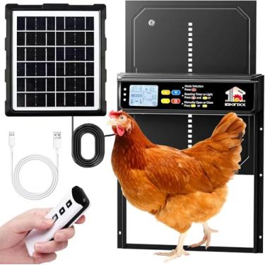 Imagem de Porta automática de galinheiro alimentada por energia solar com temporizador, sensor de luz, controle remoto, visor LCD, liga de alumínio, 4 modos automáticos, porta de galinheiro de tamanho grande