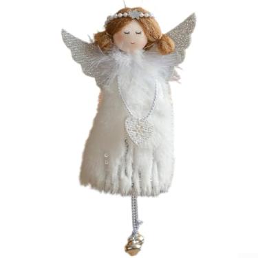 Imagem de Enfeite de pelúcia de menina anjo de Natal com asas delicadas, sino em forma de coração, tecido macio decoração de férias para árvore e casa em branco