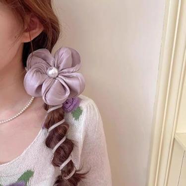 Imagem de Laço de cabelo requintado de flor roxa com centro de pérola e linha telefônica roxa Scrunchie de cabelo elegante para mulheres acessórios de cabelo elegantes para penteados e tranças elegantes