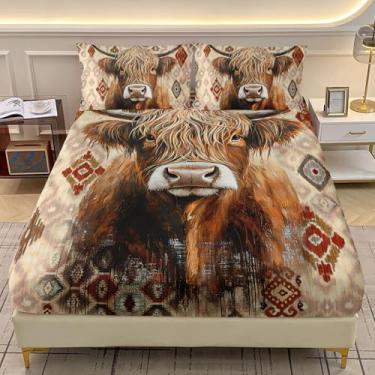 Imagem de AILONEN Jogo de lençol solteiro com vaca Highland tamanho GG - animal engraçado + 2 fronhas - Jogo de cama gado da vida selvagem ocidental 3 peças para crianças, meninos e meninas