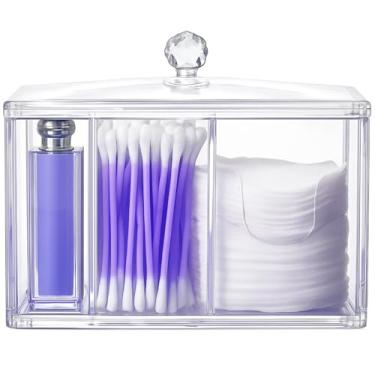 Imagem de Porta Algodão Transparente com Divisórias e Tampa — Organizador Multiuso de Banheiro, Maquiagem e Higiene, Porta Cotonetes, Dispenser para Hastes e Algodão