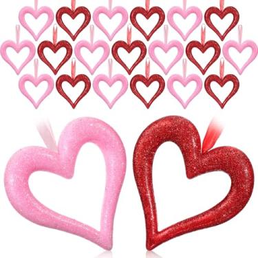 Imagem de Soulchen 24 peças de enfeites de árvore de coração dos namorados, 12 cm com glitter, decorações de coração pendurado, vermelho, rosa, dia dos namorados, enfeites de árvore românticos para decoração de