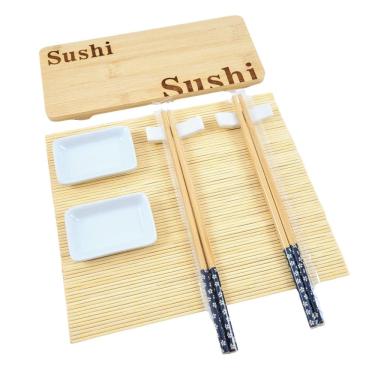 Imagem de Kit Comida Japonesa 8Pç Sushi Bambu Cerâmica Esteira Hashi