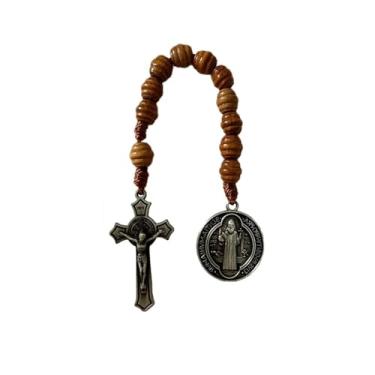 Imagem de Hilufiet Contas de madeira católica, rosário, cruz de aço inoxidável, pingente de São Bento, contas de oração de madeira, Metal, Sem Pedra Preciosa