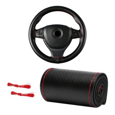 Imagem de MUQIDA Capa de volante de couro genuíno, capa de volante com costura respirável de 38 cm antiderrapante, protetor de costura DIY com linha de agulha (preto e vermelho, orifício completo)