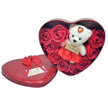 Imagem de Embalagem Coração Em Lata Com Urso Pelúcia E Rosas Vermelhas