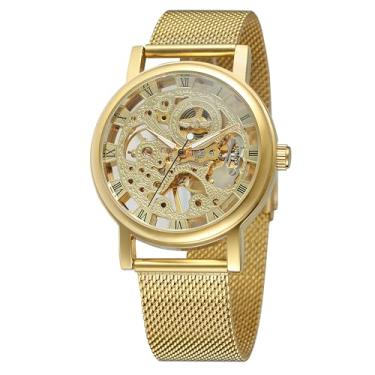 Imagem de WENFVVIN Relógio de pulso mecânico masculino com pulseira de aço inoxidável, esqueleto e algarismos romanos, Dourado