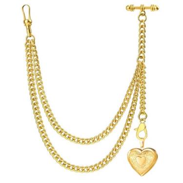 Imagem de DerMacht Corrente de relógio de bolso único Albert T-Bar com caixa de grade medalhão pingente difusor de óleo essencial, 12. Pingente de medalhão dourado em forma de coração