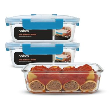 Imagem de 3 Potes De Vidro Hermético Trava Rotação 180º Marmita 1040ml (Azul)