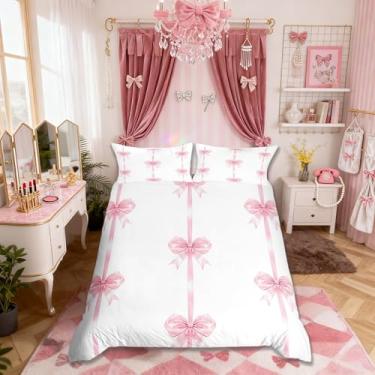 Imagem de Conjunto de capa de edredom infantil com laço de seda, tamanho Queen, conjunto de cama romântico com princesas fofas e meninos, decoração de quarto kawaii, fantasia sonhadora, capa de edredom rosa, 2