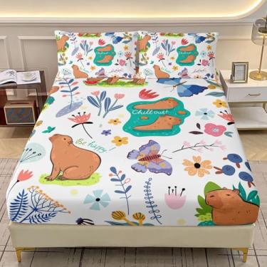 Imagem de AILONEN Jogo de lençol casal com desenho animado de capivara, animais marrons, kawaii, para crianças, engraçado, vida selvagem, lençol com bolso profundo + 2 fronhas - 3 peças