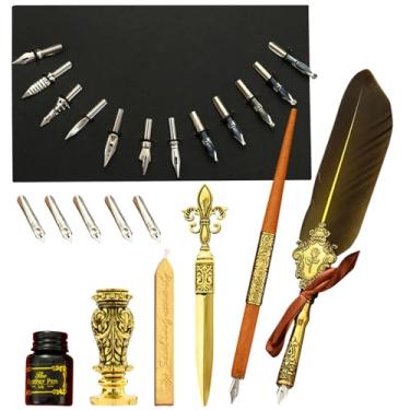 Imagem de Conjunto de e tinta Quill,Quill Pen Set Antique Caligrafia Dip Pen com Tinta | Kit de carimbo de selo de atualizado com pontas de reposição, de luxo vintage assinatura conjunto de presente de