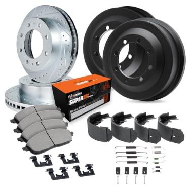 Imagem de R1 Concepts Rotor de freio a disco prateado perfurado e ranhurado e conjunto de tambor com pastilhas super resistentes sapatos e ferragens dianteiro e traseiro 1986-1987 Dodge W350 1986-1987