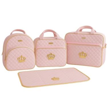 Imagem de Kit Bolsa Frasqueira Mochila e Trocador Saida Maternidade 4 Peças Coroa Dourada (Rosa Bebê)