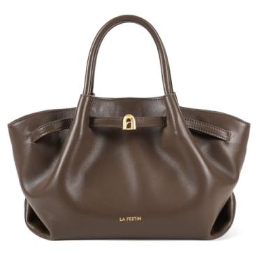 Imagem de LA FESTIN Bolsas femininas com alça superior para trabalho e uso diário, bolsa de couro genuíno com alça de ombro ajustável, Marrom, Medium