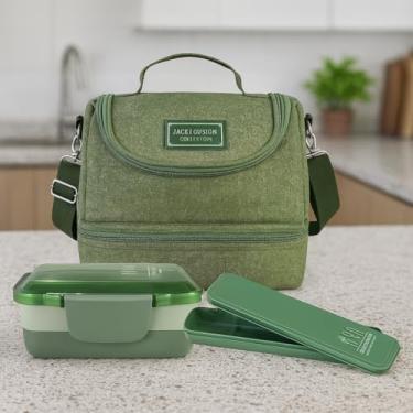 Imagem de Kit Bolsa Térmica C/ 2 Compartimentos + Marmita + Porta Talheres 3 Peças Para Viagem e Armazenamento (Verde)