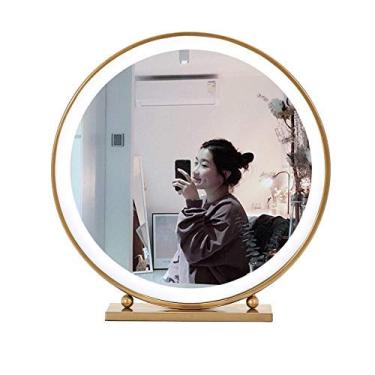 Imagem de Espelho de maquiagem nórdico espelho de maquiagem em ferro forjado dourado redondo espelho decorativo espelho de mesa princesa espelho de mesa espelho de montagem na parede (tamanho: leve)