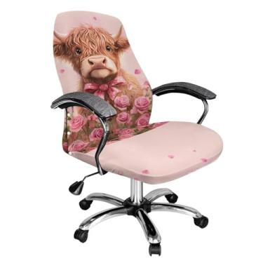 Imagem de Uorisanigo Capa para cadeira de escritório Collie Dia dos Namorados Highland Cow Pink Rose capa para cadeira de jogos capa de cadeira de encosto alto decorações de dia dos namorados grande