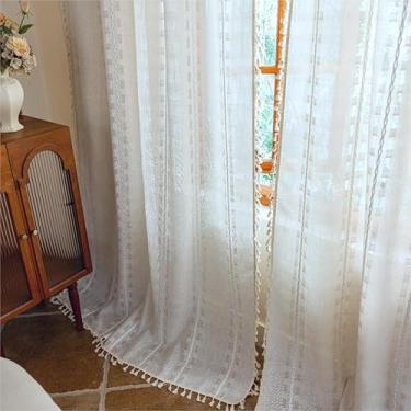 Imagem de Cortinas brancas Boho 243,8 cm, conjunto de 2 painéis para sala de estar, sala de jantar, do chão ao teto, borlas, filtragem de luz, privacidade, país, vintage, chique, bordado, boêmio, listras