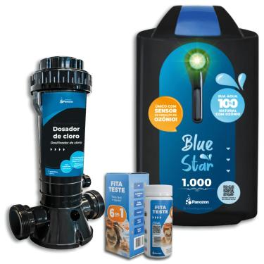 Imagem de KIT Gerador de Ozônio Blue Star 1000 com Dosador de Cloro e Fita Teste Para Piscina de até 25.000 Litros