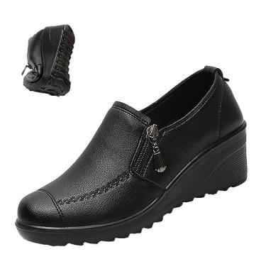 Imagem de VIFOCUS Sapato feminino de bico redondo, plataforma baixa, leve, confortável, com zíper, antiderrapante, sola macia, ortopédico, para festa de casamento, Preto, 38