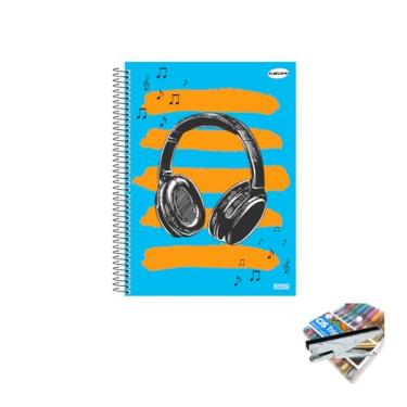 Imagem de Kit Caderno Masculino 10 Matérias Capa Dura 200 Folhas KBOM + Caneta Trigel Metálica 10 Cores + Grampeador Alicate HP45