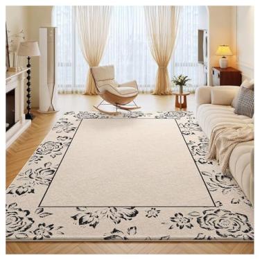 Imagem de SPXMQSS Tapetes florais laváveis, tapete vintage para sala de estar, antiderrapante, pilha baixa, não cai, fácil de limpar para sala de estar, quarto, sala de jantar, escritório em casa - bege preto F