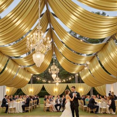 Imagem de PartyVillage 10 painéis de 1,5 m x 12,2 m cortinas de teto douradas de Natal para festas de casamento – 10 metros de poliéster grosso extra longo sem rugas para decoração de barraca para festa de