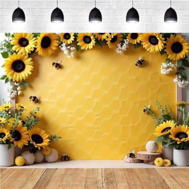 Imagem de Fundo fotográfico de mel, girassol amarelo, fundo de abelha doce, tema de abelha, princesa, menina, decoração de festa de aniversário, adequado para decoração de casa, festa de primavera, faixa de chá