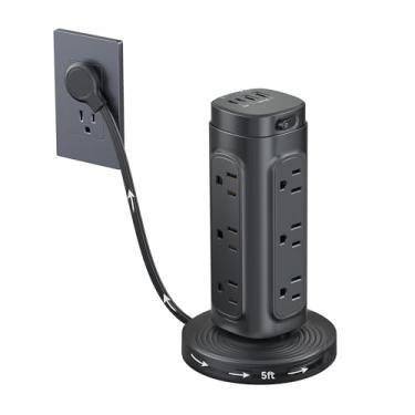 Imagem de TROND Tower Power Bar Protetor contra picos de tensão com PD 20 W USB C, cabo de extensão retrátil de tomada plana de 5 pés para interior, 12 saídas amplamente espaçadas, estação de carregamento