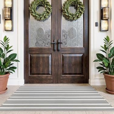 Imagem de Sungea Tapete para porta da frente externa 9,5 x 1,2 m, tapete listrado de algodão preto e branco, tapete listrado lavável reversível, tapete dobrável em camadas de outono para entrada/entrada de casa