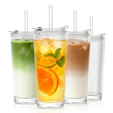 Imagem de SoulTimes Copo de vidro de 480 ml com tampa e canudo de vidro conjunto de 4
