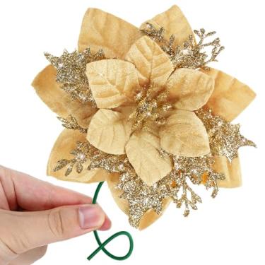 Imagem de Beeplove 12 peças de flores de poinsétia de veludo artificiais - presente de decoração de Natal de poinsétia brilhante, enfeites de ouro para mesa de guirlanda de árvore de Natal