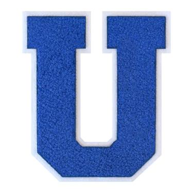 Imagem de 1 PÇ Patch de letra de chenille de ferro azul de 15 cm com borda branca – Remendos do alfabeto para roupas, jaquetas, mochilas, chapéus para decoração personalizada, nome personalizado e artesanato