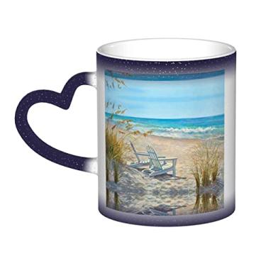 Imagem de Cena de praia com cadeiras xícara de café divertida, xícara de cerâmica mágica sensível ao calor que muda de cor 12 Oz, para café/chá/leite/cacau, para adolescente/aniversário/festival/presentes