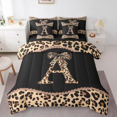 Imagem de Conjunto de cama casal com letra A, letra A, 7 peças, com laço de guepardo africano - cama com estampa de leopardo em uma bolsa para meninas, mulheres e adultos, moderno, conjunto de edredom com laço