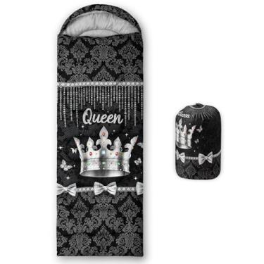 Imagem de QOOMO Sacos de dormir impermeáveis com coroa de desenhos animados prateados para adultos e crianças, sacos de dormir impressos para acampamento, viagens e ao ar livre, equipamento de acampamento, 78,7