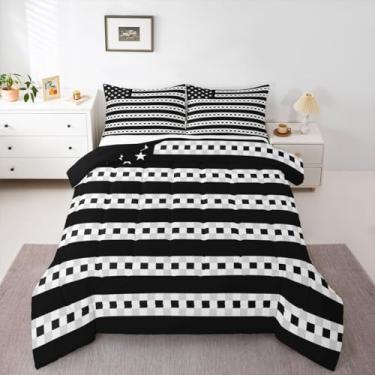 Imagem de jejeloiu Conjunto de cama xadrez macio para meninos e meninas, conjunto de edredom xadrez tamanho queen, preto, branco, microfibra, bandeira americana, decoração de quarto, 3 peças com 2 fronhas