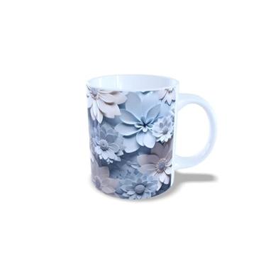 Imagem de Caneca de Cerâmica 325ml com Design de Flores 3D Coloridas, Estampa Floral Rosa, Azul e Amarelo (14136)