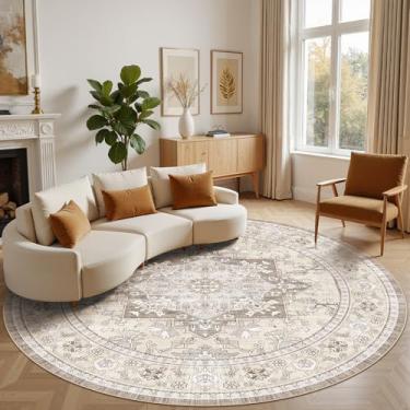 Imagem de Micgeek Tapete redondo de 2,4 m: lavável vintage neutro macio antiderrapante tapete grande para sala de estar quarto cozinha sala de jantar casa escritório fazenda interior - marrom