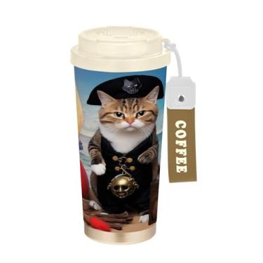 Imagem de YETTASBIN Caneca de café com isolamento térmico Funny Cat de 500 ml com tampa canudo, copo à prova de derramamento e vazamento com alça para bebida quente e fria, garrafa de água de aço inoxidável