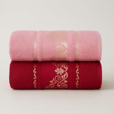 Imagem de Jogo de Toalha de Banho Conjunto de Duas PeçAs 100% AlgodãO Puro Excelente AbsorçãO de áGua Adequado para uso No Banheiro em Viagens Na NataçãO ou Na Academia(Kit 2Toalhas-Bordô&Rosé)